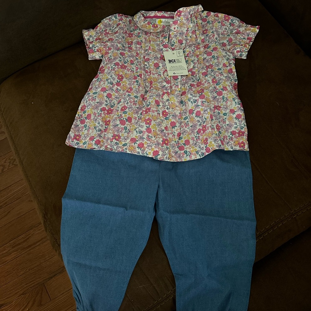 Baby Boden Floral Blouse and Blue Pants Set